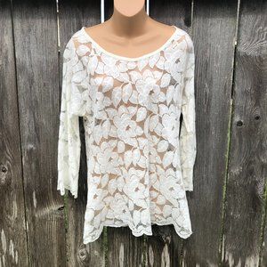 T Los Angeles Ivory Lace Tunic Top Sheer Scallop